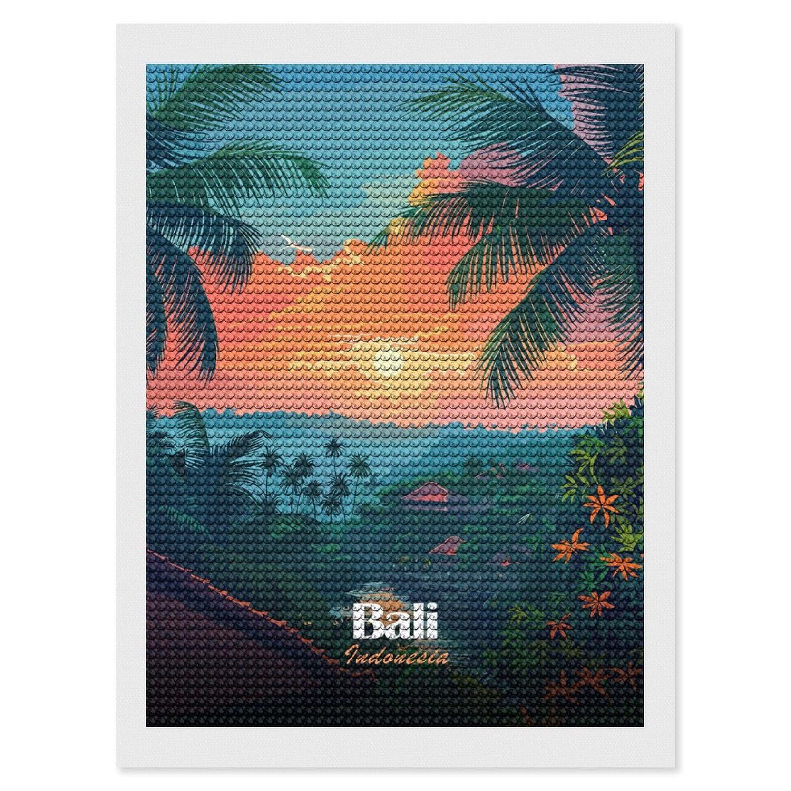 Junmoney Bali Indonesia Tropical Landscape Illustration Diamond Painting Kit 12"x16", Easy Handmade Project, Cosy Home Accent, for Craft Lovers, Holiday Gift Idea