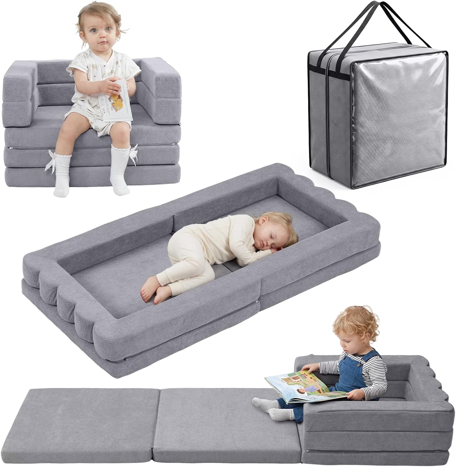 Foldable Toddler Couch, 3-in-1 Toddler Chair & Lounger with Waterproof Carry Bag,Portable Travel Play Sofa Removable Washable Covers for Indoor & Outdoor Use,Gray