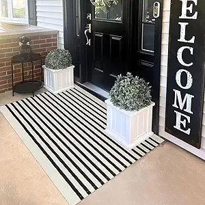 KILOCOCO Beige Striped Rug 3x5 Indoor Outdoor Rugs Front Door Rugs Hand Woven Cotton Washable Striped Layered Doormats for Front Porch/Kitchen/Farmhouse/Entryway/Patio