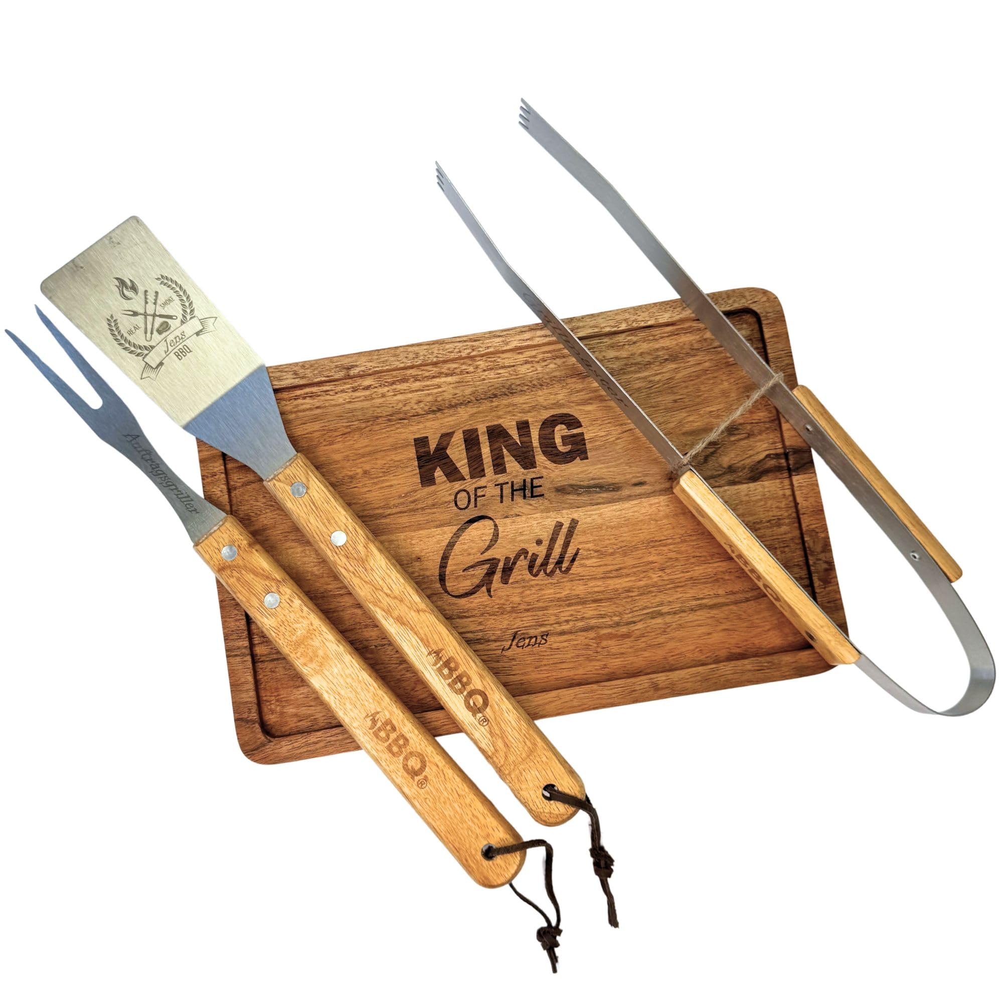 Grill-Set mit Gravur Edelstahl – BBQ Geschenkset OPTIONAL mit Akazienbrett – Grillzubehör für Männer Vater Geburtstag Opa Freund Vatertag (Set 4)