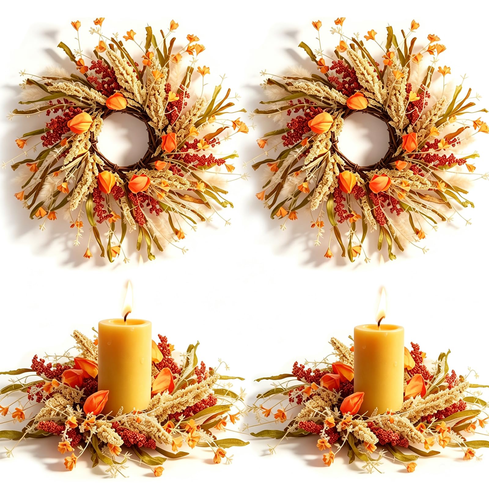 4 Pcs Fall Candle Rings 9 inch Thanksgiving Autumn Wreaths with Flowers for Tables Artificial Farmhouse Candle Rings Wreath for Front Door Porch Wall Window Decorations
