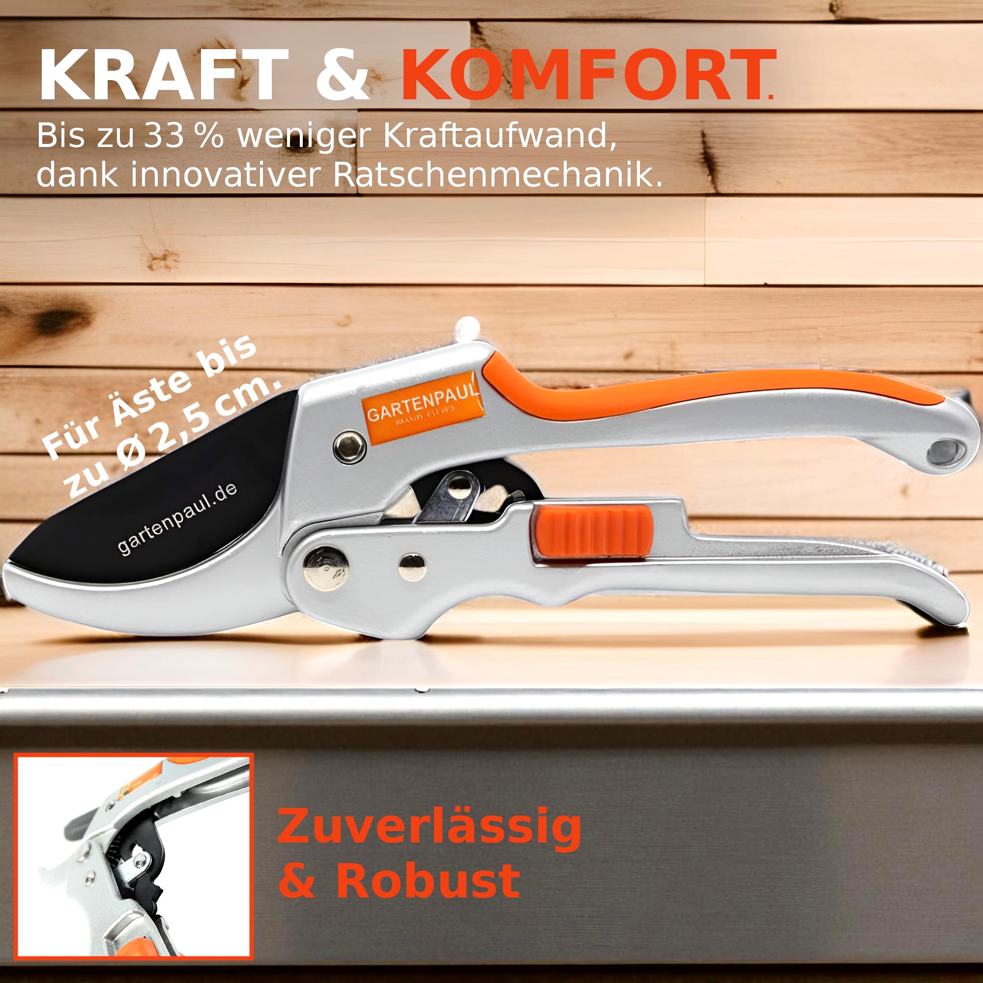 Gartenscheren Set, Premium + Damenschere, Profi-Gartenwerkzeuge Ratschen Ratsche Gartennschere klein & groß, 30 Jahre Qualität, passt zu Astschere Heckenschere Rosenschere Ernteschere