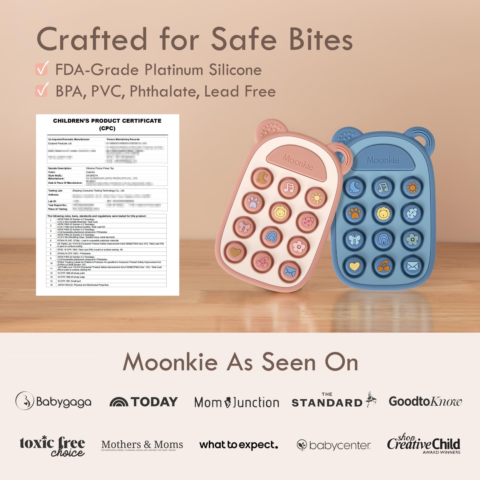Moonkie Jouet Dentition Bébé, Téléphone Silicone pour Enfant, Pop It Jouets, Anneau Dentition Bebe, Sans BPA, Jeux Eveil, Jouet Bebe 3 Mois+, Cadeau Naissance Garcon & Fille(Blush)