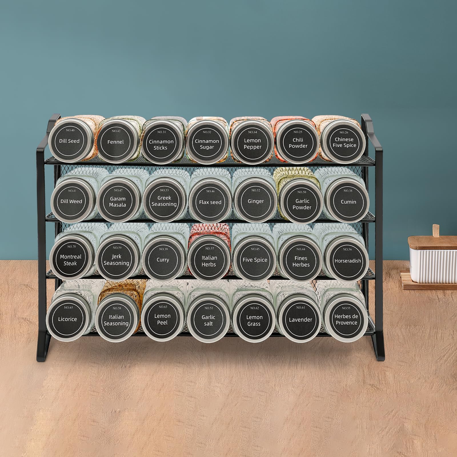 Organizzatore portaspezie con 28 barattoli vuoti per spezie da cucina a 4 livelli con portata di 34,5 x 23,5 cm