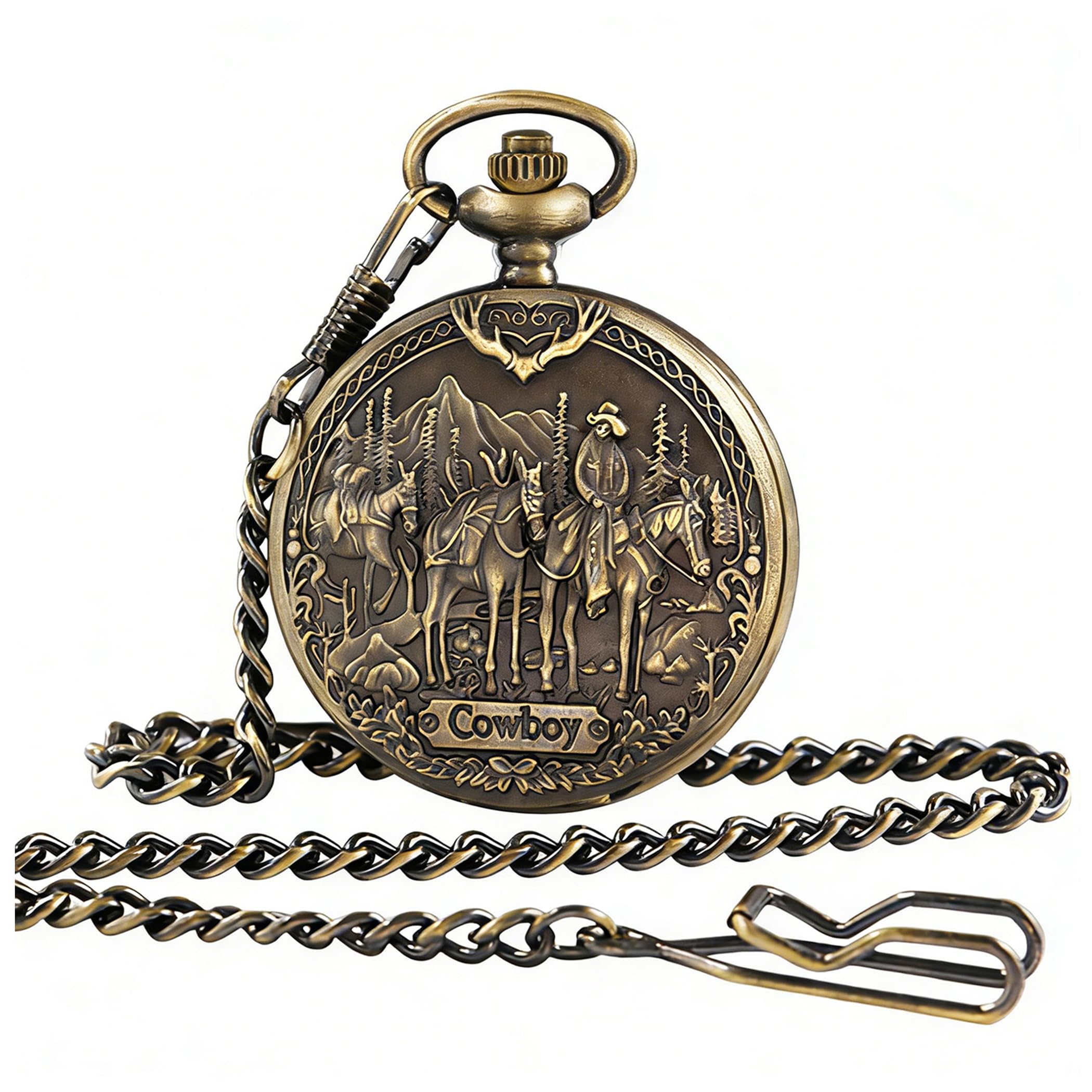 Vintage Pocket Watch Engraved Cowboy Skull Wolf 3D Pattern Arabic Numerals Quartz Pocket Watch with Chain Best Gifts