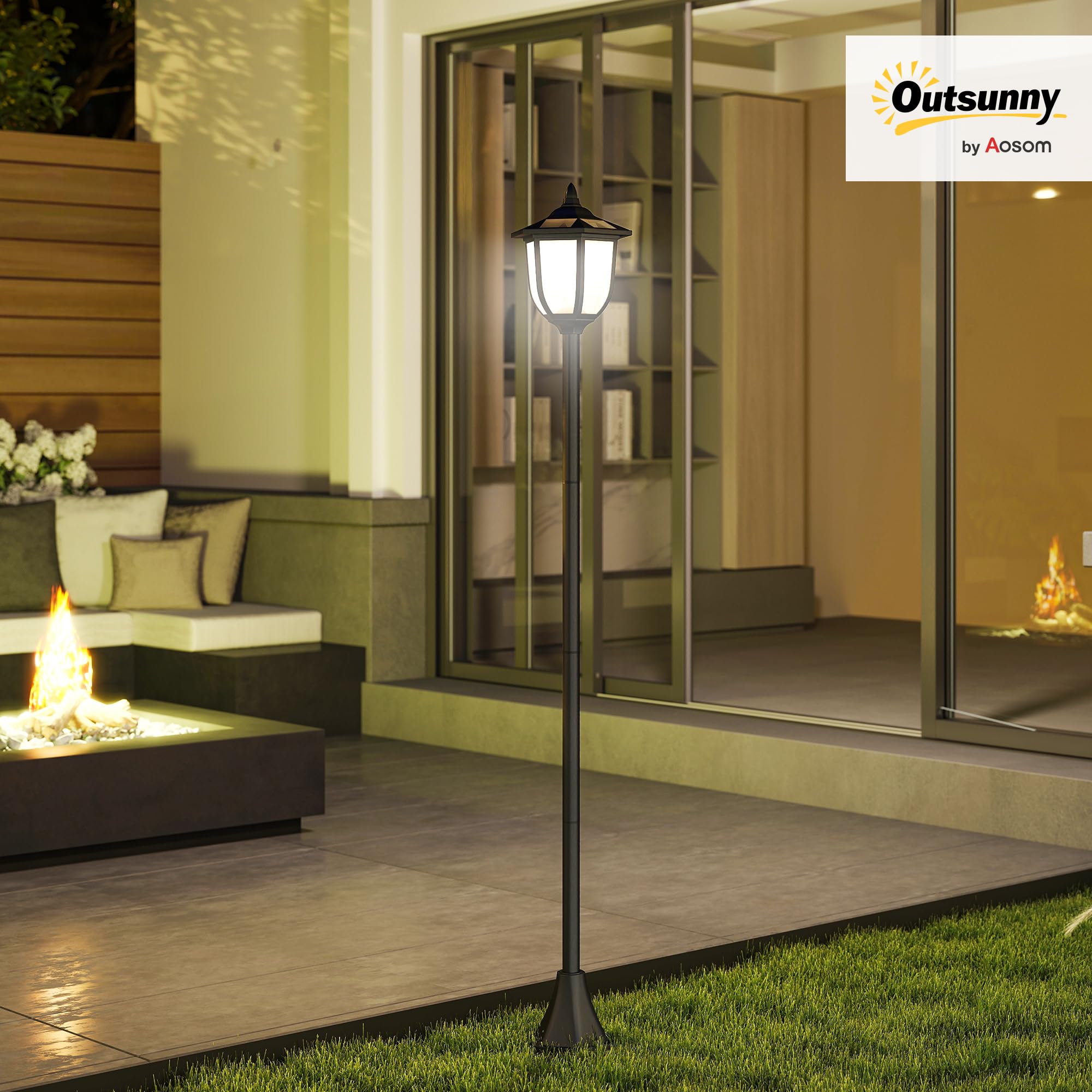 Outsunny Farola Solar con Panel Solar a Cargar Batería Protección al Ambiente 6 LED Perfecto para Noche Encendido Automático Autonomía de 6 Horas Instalar Fácil Negro Ø26,5 x 177cm