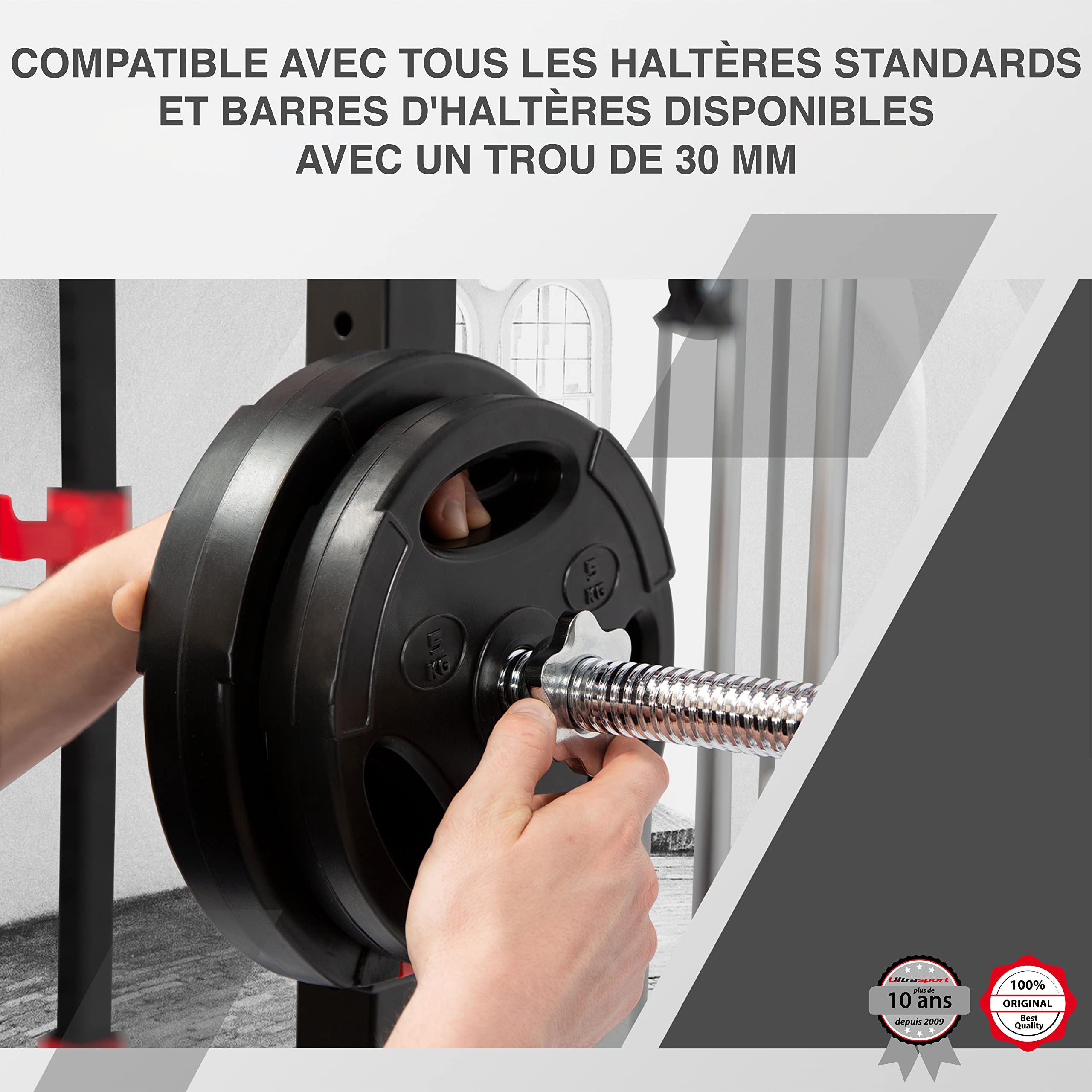 Ultrasport Ensemble de disques d'haltères, 4 poids d'haltères en ensemble, 15 kg ou 25 kg, pour haltères courts et barres d'haltères longues, avec poignées, ensemble complet en métal de 30 kg