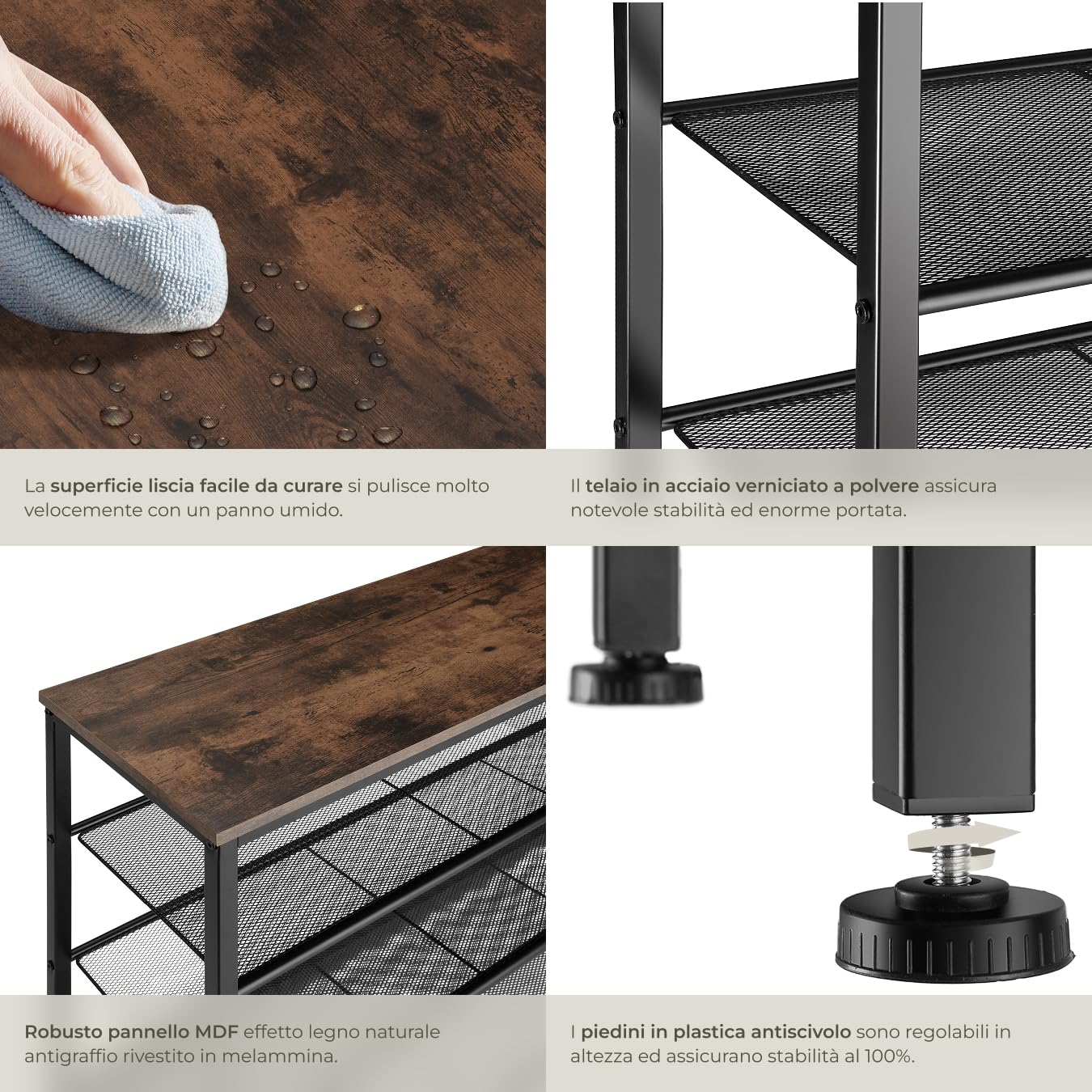 tectake® Scarpiera 100x30,5x93 cm, Scarpiera Salvaspazio slim, 4 Ripiani Rete, Scaffale Scarpe Uomo, Scarpe Donna, Stivali, Ideale Ingresso, Corridoio, Soggiorno, Stile Industriale - Legno Scuro