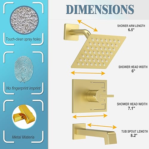 Miniatura 7 de Juego de accesorios de ducha de oro cepillado, juego de grifo de bañera y ducha con cabezal de ducha dorado de 6 pulgadas y boquilla de bañera,