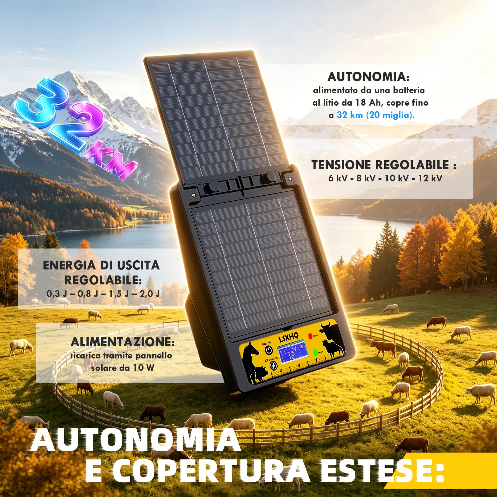 Elettrificatore per Recinti Solare 32 KM, 0.3-2J, 6KV-12KV Regolabile, Portata, Elettrificatore con Pannello Solare 10W, Batteria al Litio 18000mAh, Protezione Sicura per Giardini, Pollame(Nero)