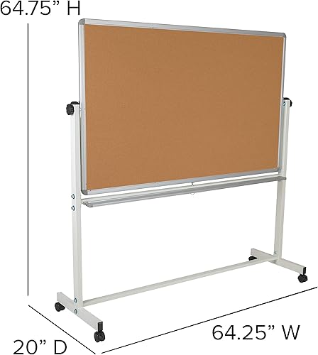 Vista 13 de EMMA + OLIVER Tablero de anuncios de corcho móvil reversible de 53 pulgadas de ancho x 59 pulgadas de alto y tablero blanco con bandeja