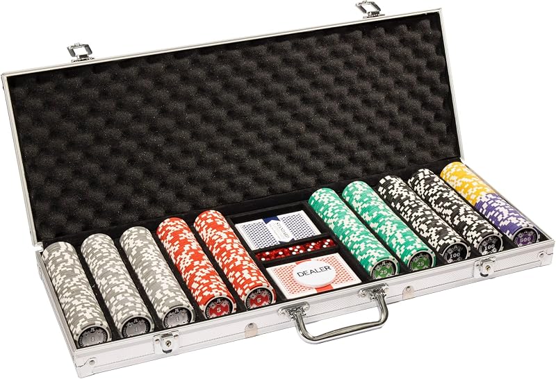 Brybelly Juego de póquer de 14 gramos y 500 unidades - Ace Casino - Fichas compuestas de arcilla 14G con estuche de aluminio, naipes, botón de distribuidor para póquer, Texas Hold'em, Blackjack, juegos de casino en casa