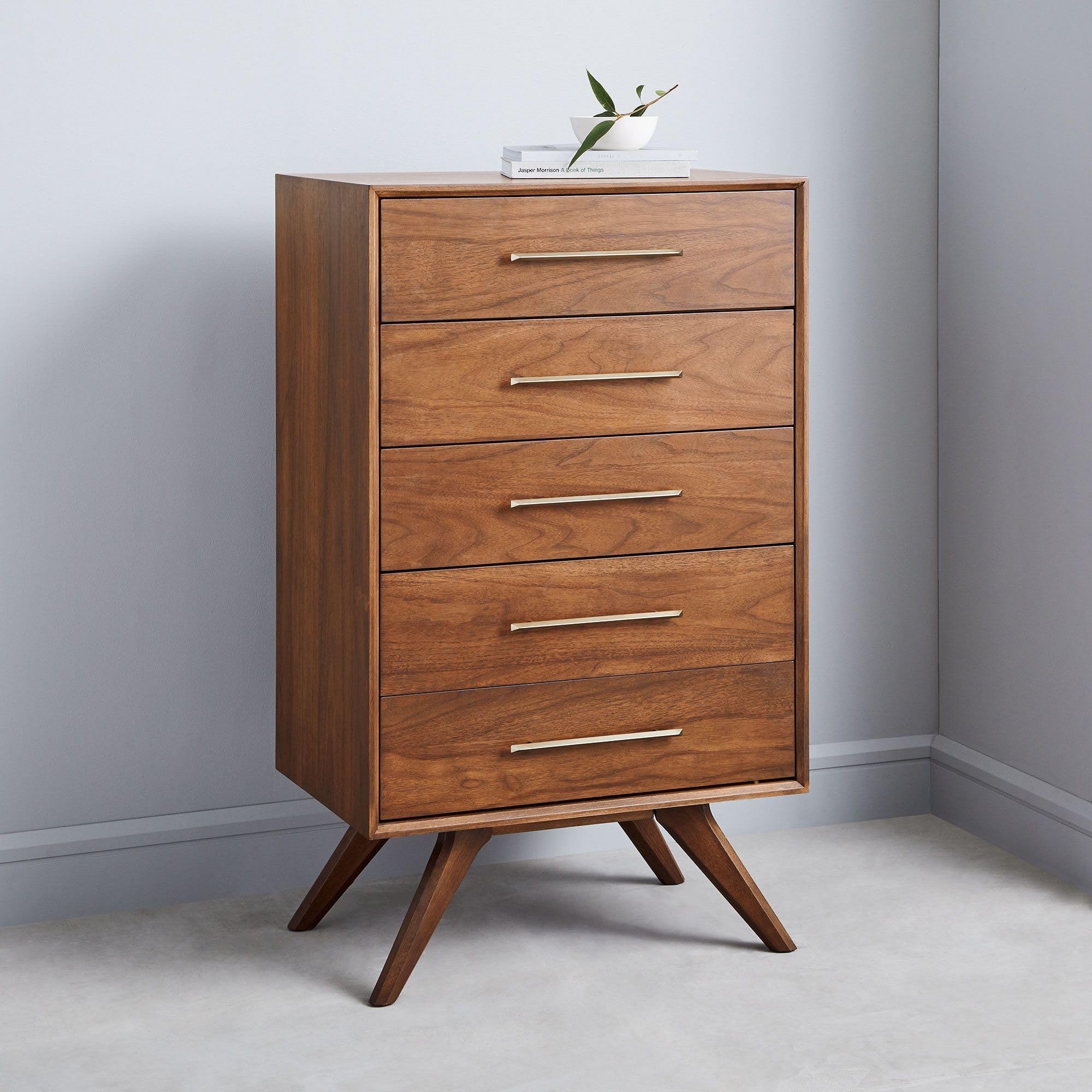 TGF Furniture Store Mid-Century Modern 5-Drawer Chest – Walnut Wood Finish Dresser with Metal Handles and Angled Legs – Tall Storage Cabinet for Bedroom or Living Room-image-27