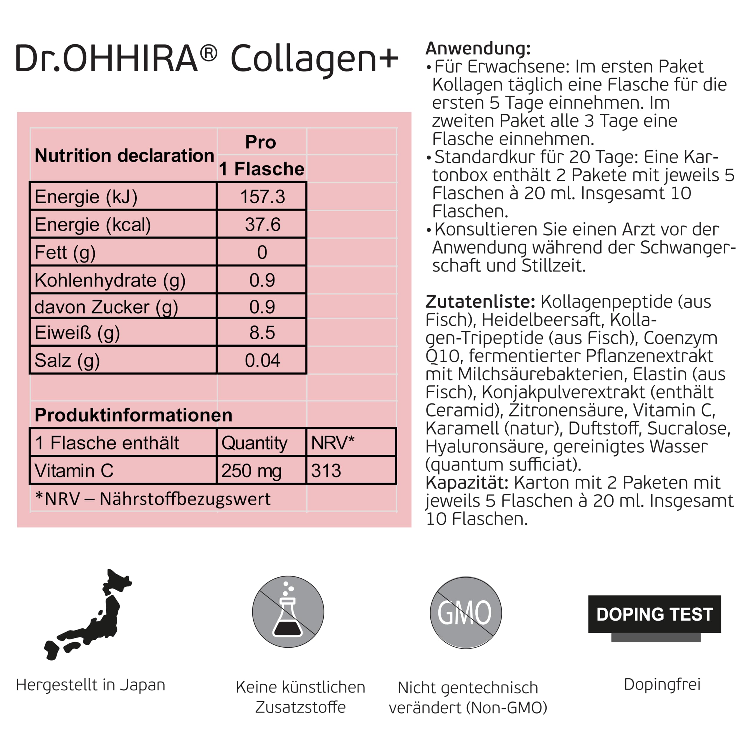 Dr.OHHIRA® Deluxe Probiotika 100 Milliarden KBE Kollagen flüssig – Bündeln | Enthält 7.750 mg Kollagen und 10 Trinkampullen für ein hochwertiges Schönheitssystem zur Förderung der Darmflora.