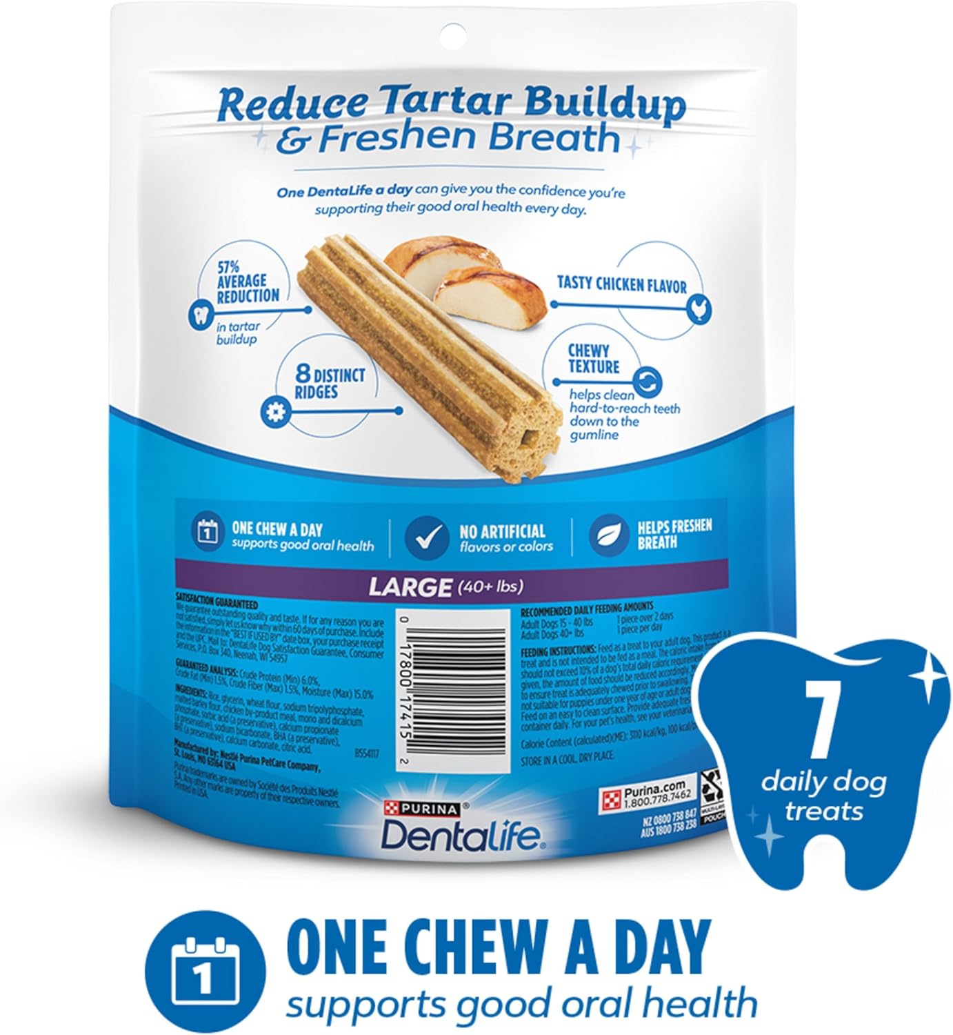 Purina Dentalife Daily Oral Care Chicken Flavor Large Breed Dog Dental Chews - 7 ct. Pouch