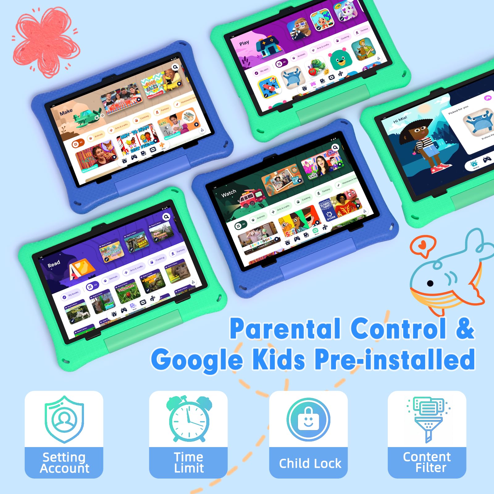 Kids Tablet, 10.1 Inch Android 15 Tablet for Kids, 12GB+64GB, Octa-Core, 6000mAh Battery, WiFi 6, Pre-Installed Kids Apps, Parental Control, with EVA Protective Case – Ideal Gift for Toddler (Green)