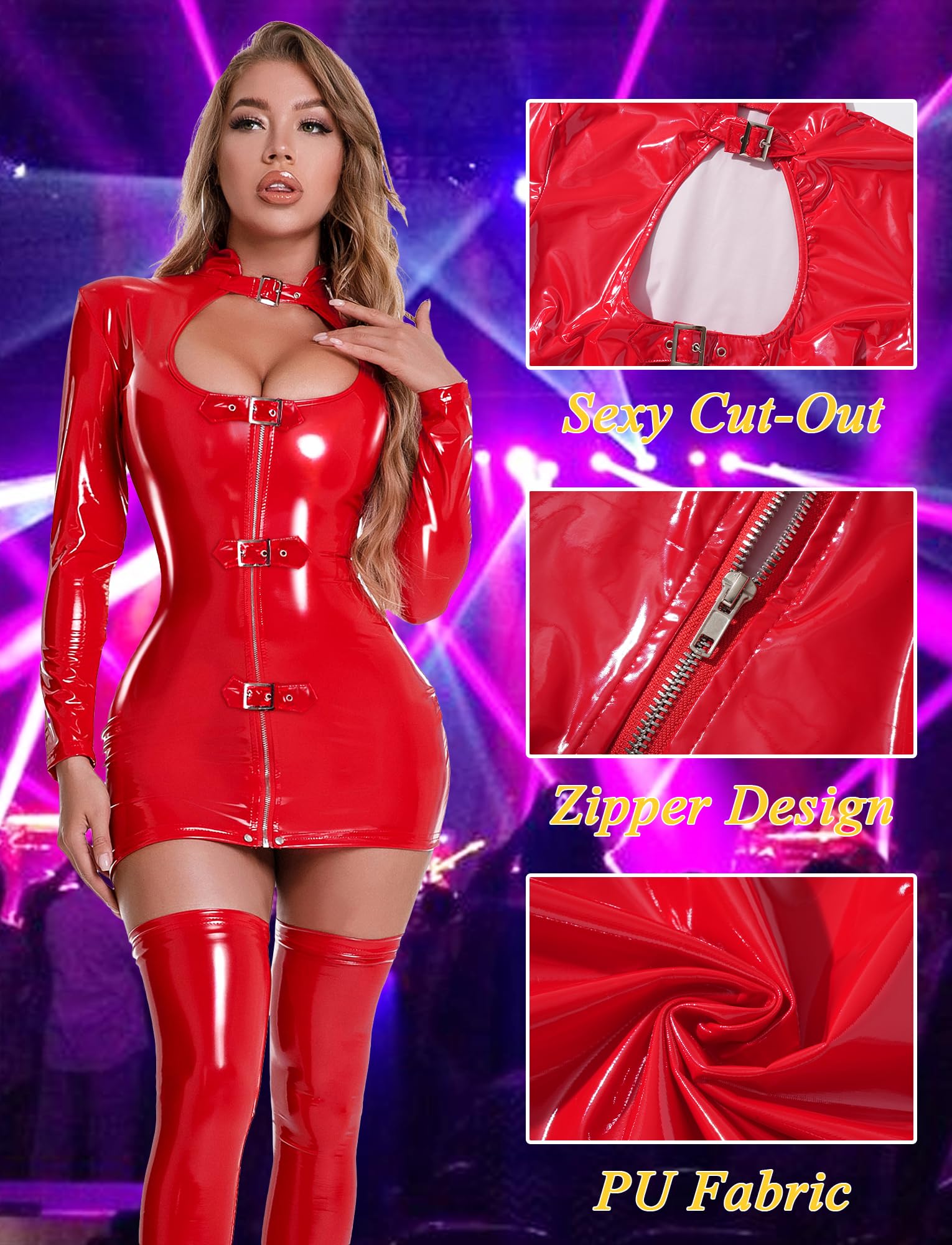 Maeau Combinaison brillante pour femme - Robe moulante - Effet mouillé - Motif chat - Tailles EU S à XXL (Asie L-4XL)