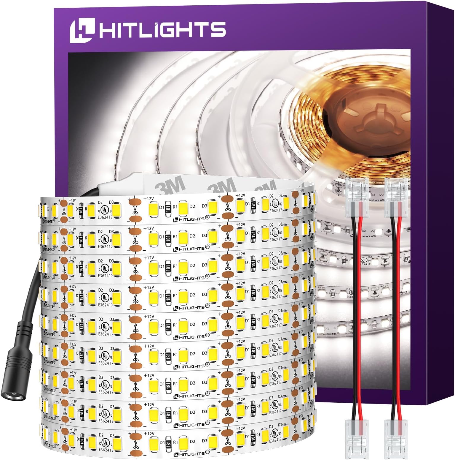 Cool White LED Strip Lights 5000K, 24.6ft High Density 12V Tape Light Dimmable, 900 LEDs, CRI >90, UL Listed, Flexible Rope Lights for Bedroom, Kitchen, Cabinet (Power Source Not Included)