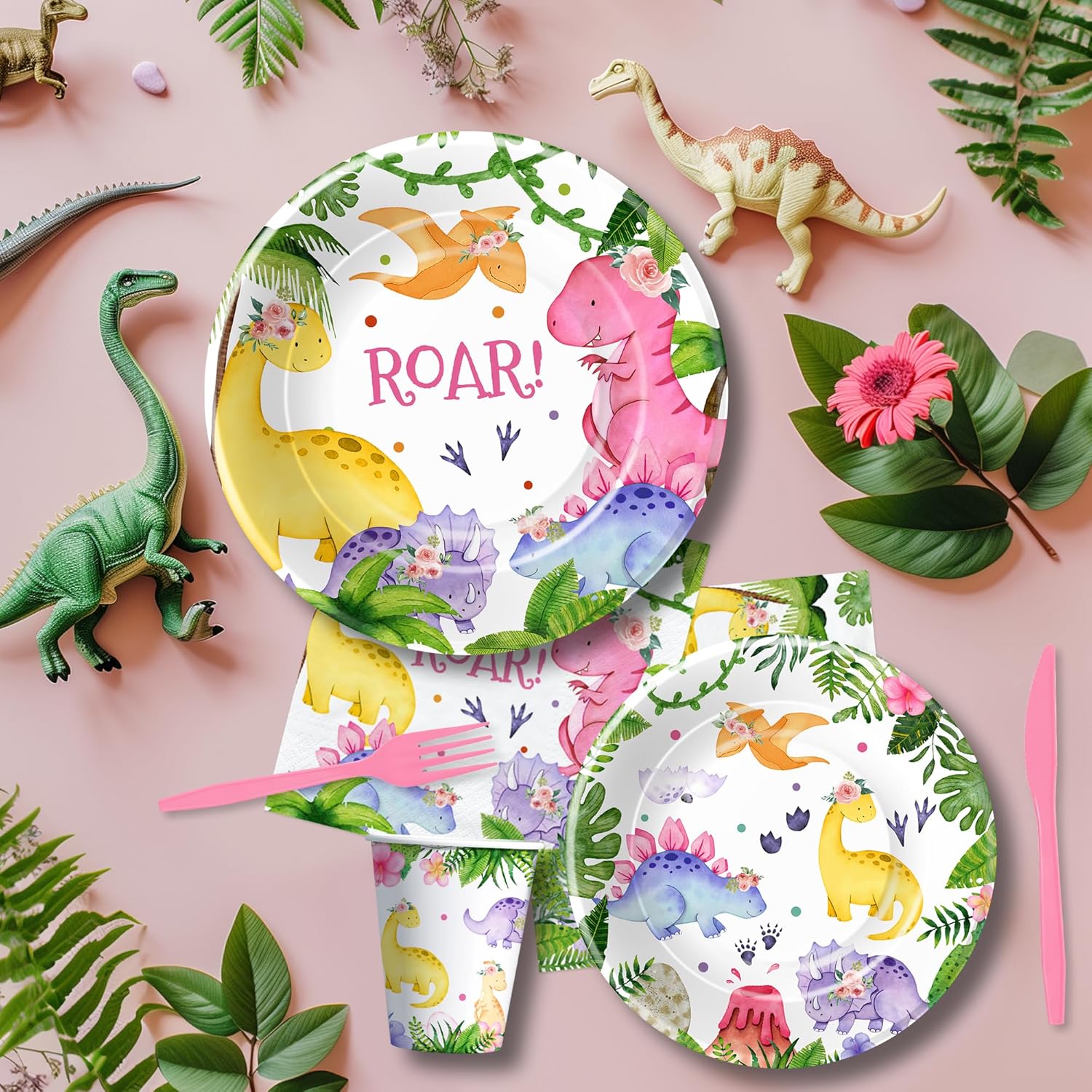 Dinosaur Party Decorations Tableware For Girl Birthday Baby Shower, Pink Dino Dinosaur Birthday Party Supplies, Paper Plate, Cup, Napkin, Disposable Fork , 24 Guests image 3 of 7 B0D2TMYB55