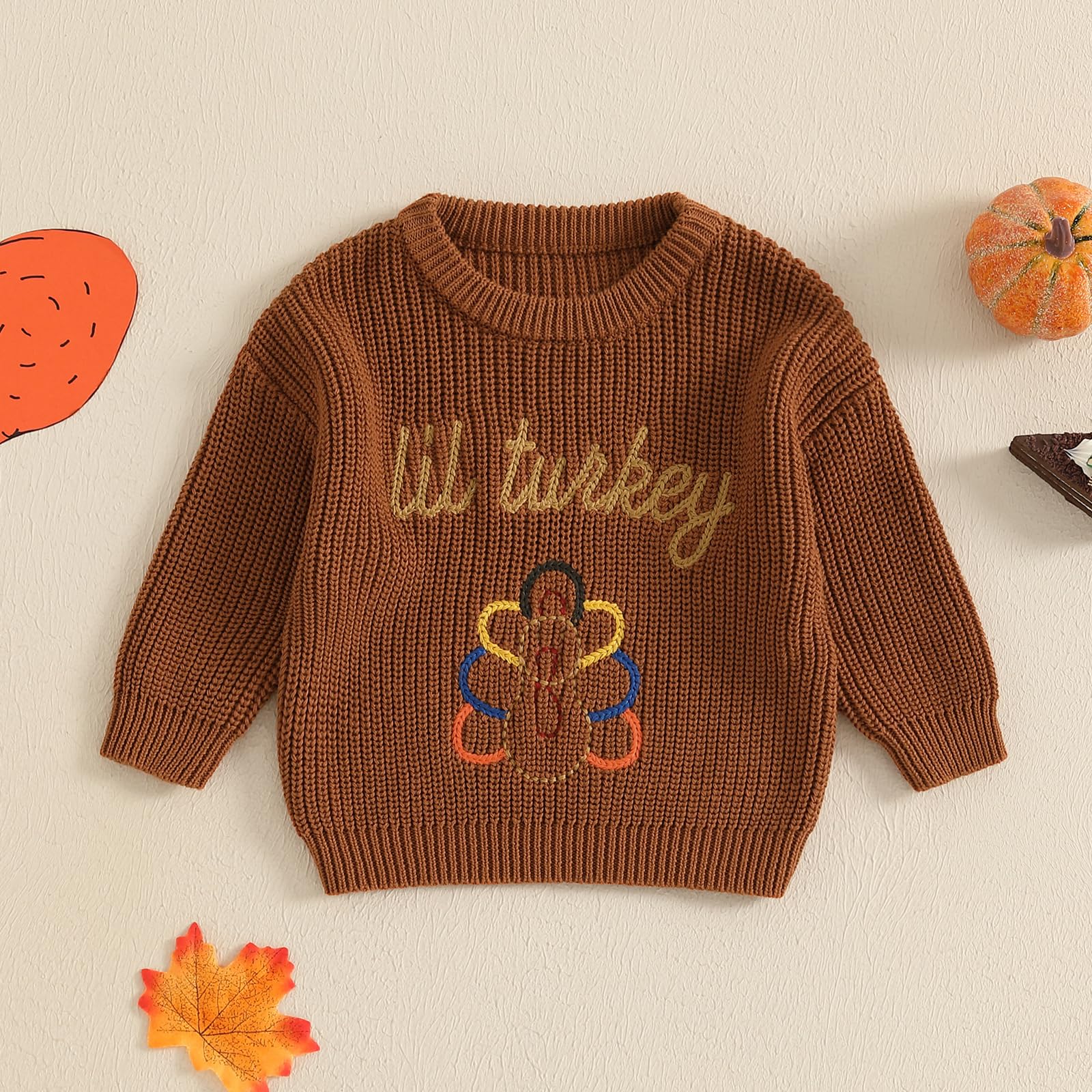 Toddler Baby Boy Girl Thanksgiving Outfit Turkey Embroidery Sweater Top Long Sleeve Knit Sweater Fall Winter Clothes (Brown lit Turkey, 0-3 Months)