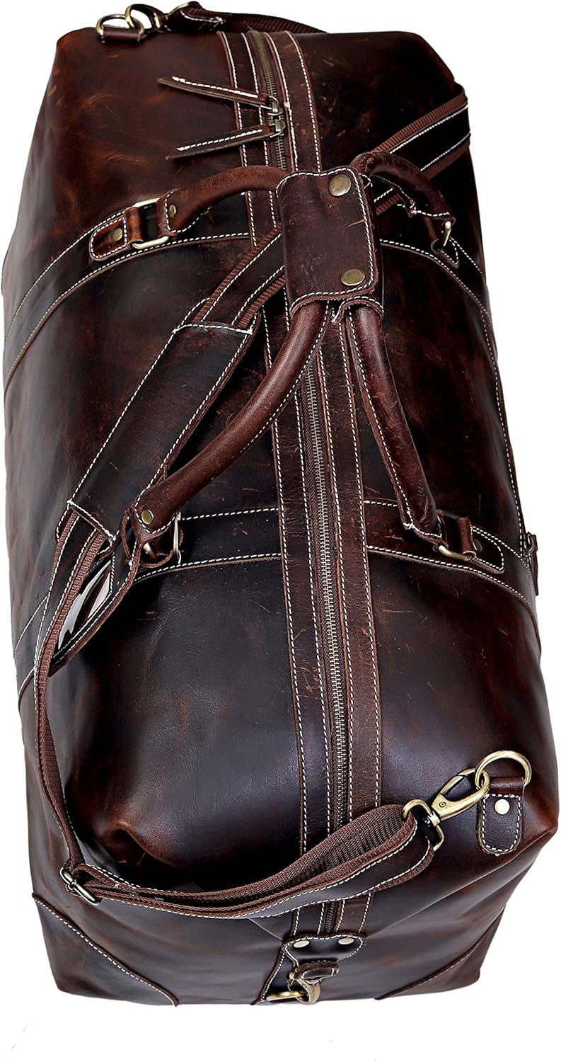 Leather Farm 24 Inch Genuine Buffalo Leather Travel Duffel Bag, Overnight Weekend Bag Sports Gym Duffel for Men, Airplane Under Seat Carry on Bags (Brown) - Image 3