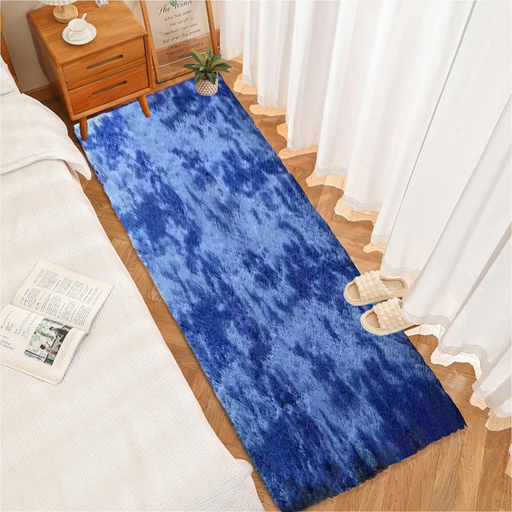 Tapis antidérapant poils longs lavable bleu foncé pour salon