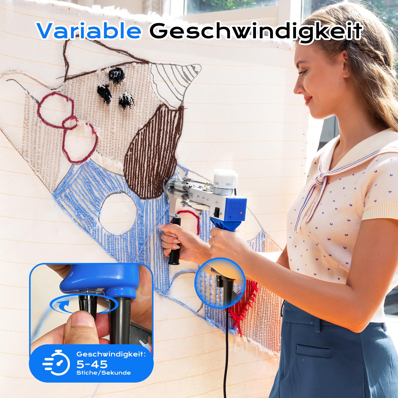 BESGEER Tufting Gun Starter-Kit, Komplettes Tufting-Set mit 2-in-1 Cut-&Loop-Pile Teppichpistole, Tufting Machine (Blau)