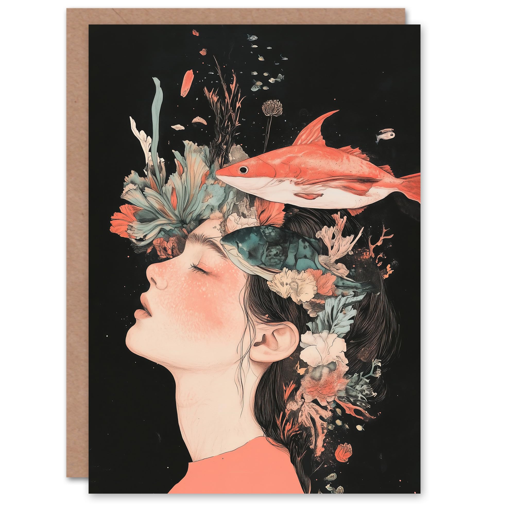Artery8 Greeting Card Sea Dream Coral Reef Fish Woman Surreal Portrait Blank For Him Or Her Art Birthday Card