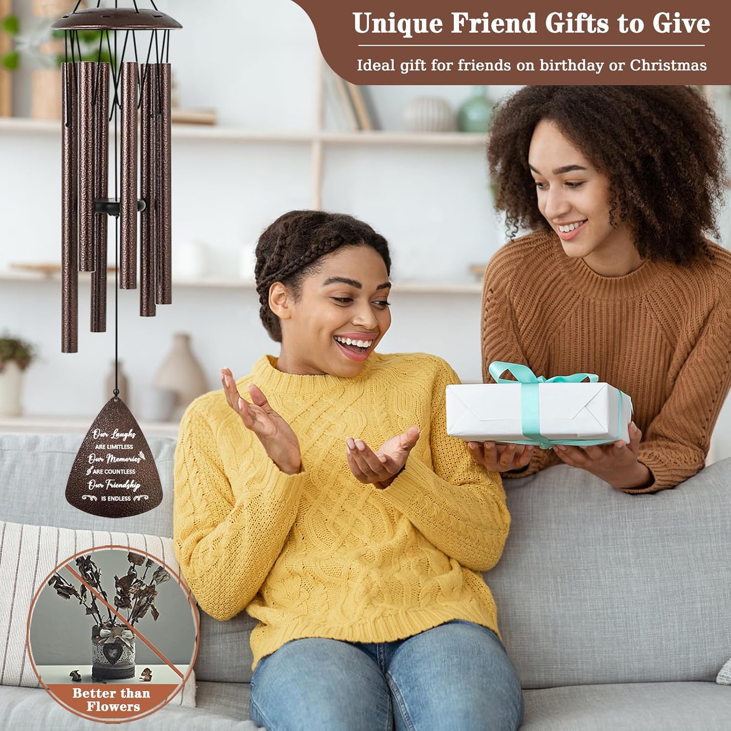 Gifts for Best Friend Women Men, 32" Bronze Wind Chimes Friendship Gifts, Bestie Gift for Women, Christmas Birthday Gift Idea for Bestfriend BFF - Image 2