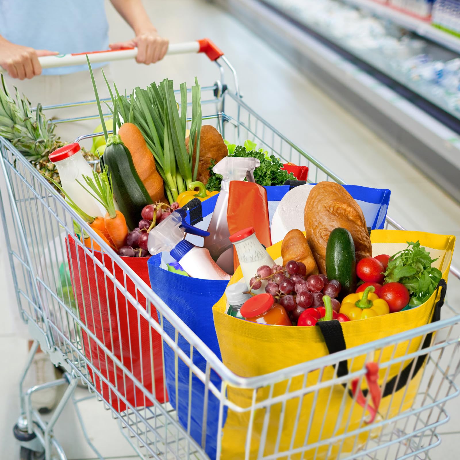 12 bolsas de comestibles, bolsa de compras reutilizable resistente con asas, bolsa impermeable de tamaño mediano para frutas, verduras, ropa, botellas, bebidas, organización, Amarillo, azul,