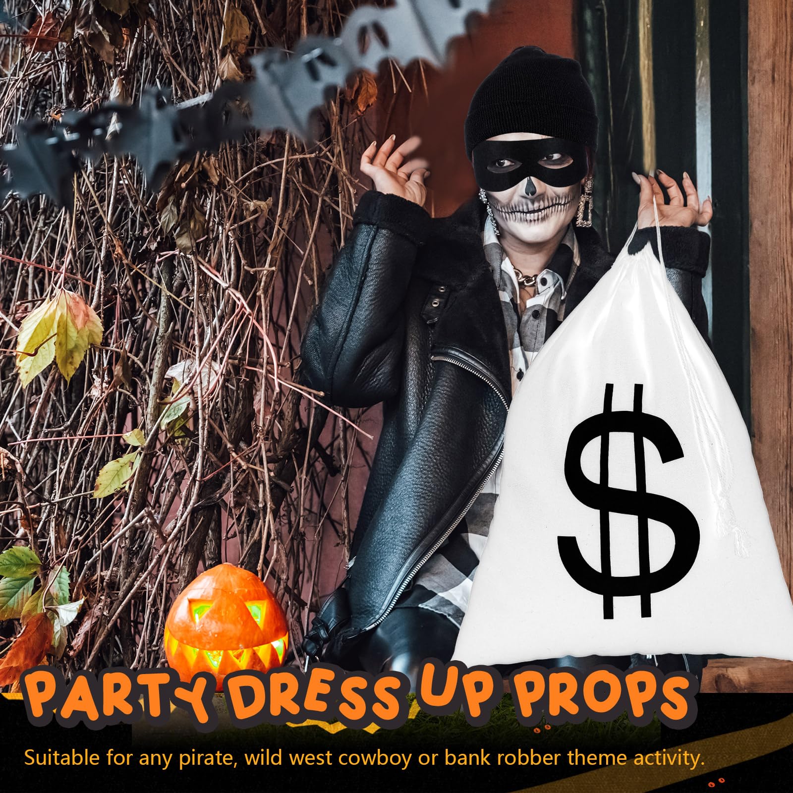 Yaromo 4 Pieces Robber Costume Set, Include Canvas Dollar Sign Money Bags Bandit Eye Mask Knit Beanie Cap For Halloween Cosplay Burglar Theme Party