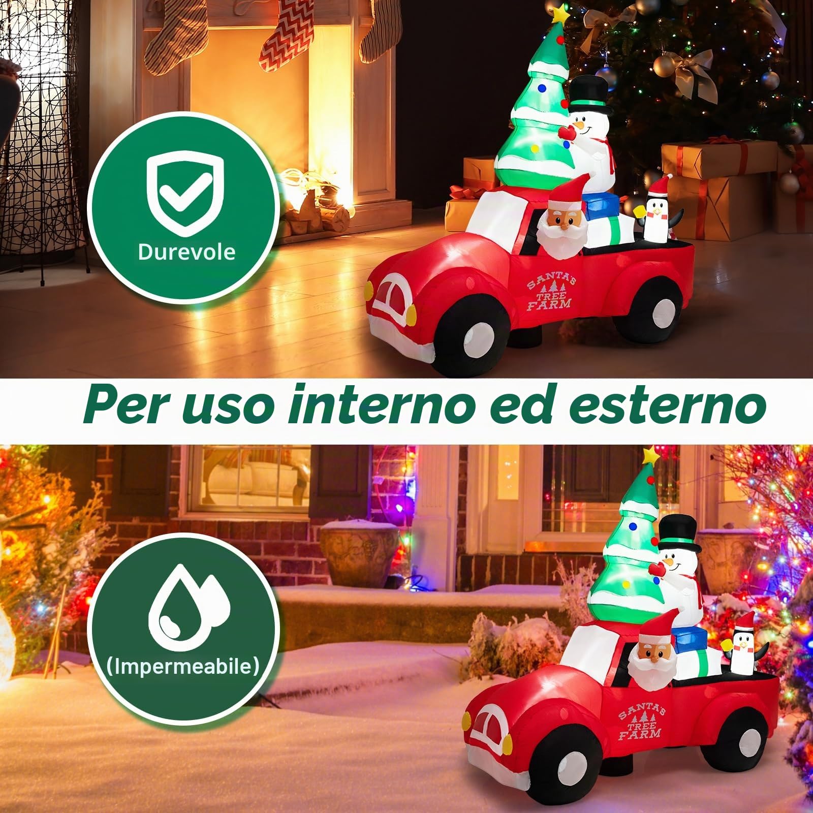 SOARS Decorazioni Natalizie, Babbo Natale Gonfiabile in Auto 240 CM, con Regalo, Pupazzo, Albero, Pinguino, Luce LED Incorporata, Addobbi Natalizi per Esterno Interno per Casa, Giardino, Cortile
