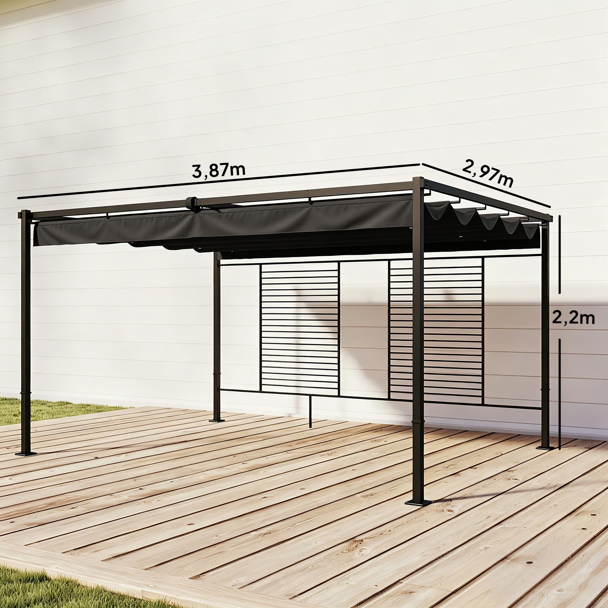 Outsunny Pérgola de Jardín 4x3 m con Techo Retráctil y 2 Paneles de Privacidad Fijos, Cenador de Jardín con Protección UPF50+, Drenaje, Estructura Metálica, Pabellón para Exterior, Gris Oscuro
