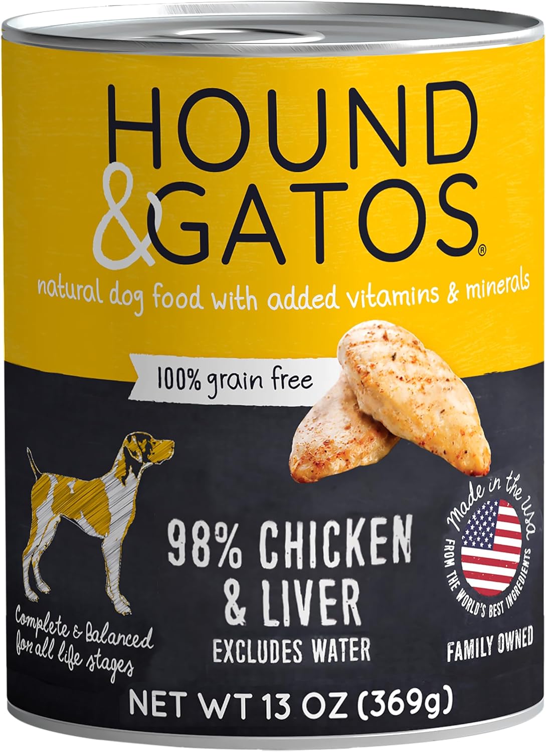 Hound & Gatos Wet Dog Food, 98% Real Meat, Single Protein Chicken Recipe, Supports Digestive Health, High Protein, Limited Ingredients, Grain Free, 13 oz. Cans (Pack of 12)