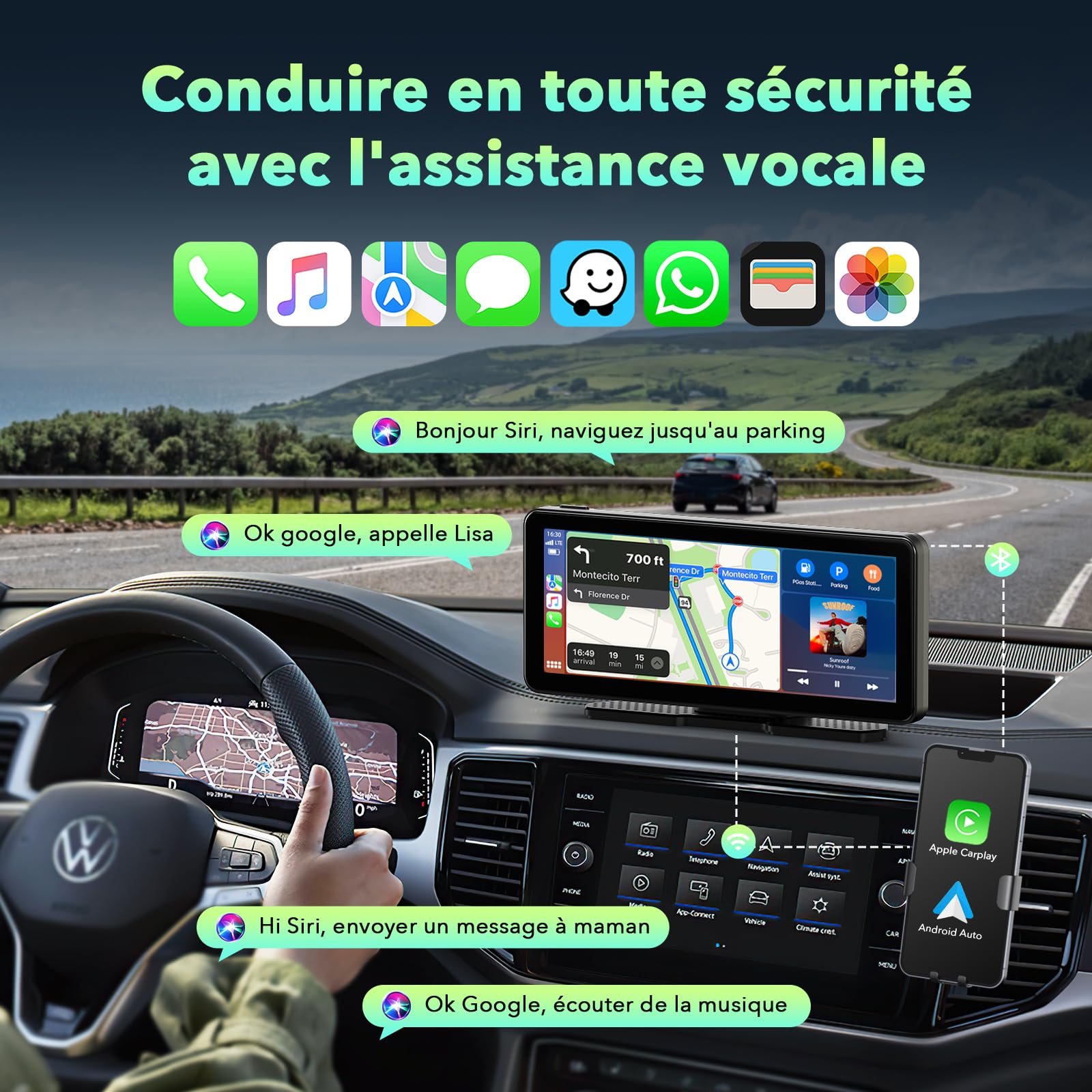 LAMTTO ÉCran CarPlay Voiture sans Fil avec Dashcam 2.5K Carte 64Go Incluse | Autoradio Portable 6,86 Pouces pour A-pple Car Play & Android Auto, Navigation GPS, Commande Vocale, Bluetooth 5.0