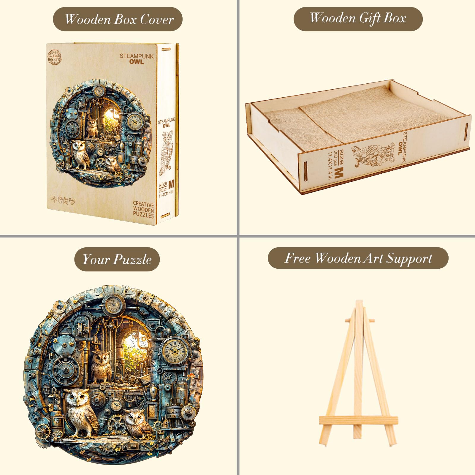 Rompecabezas de Madera para Adultos,200 Piezas Búho Steampunk Irregulares Puzzle de Madera,Puzzles para Adultos con Caja de Regalo, Decoración del Hogar