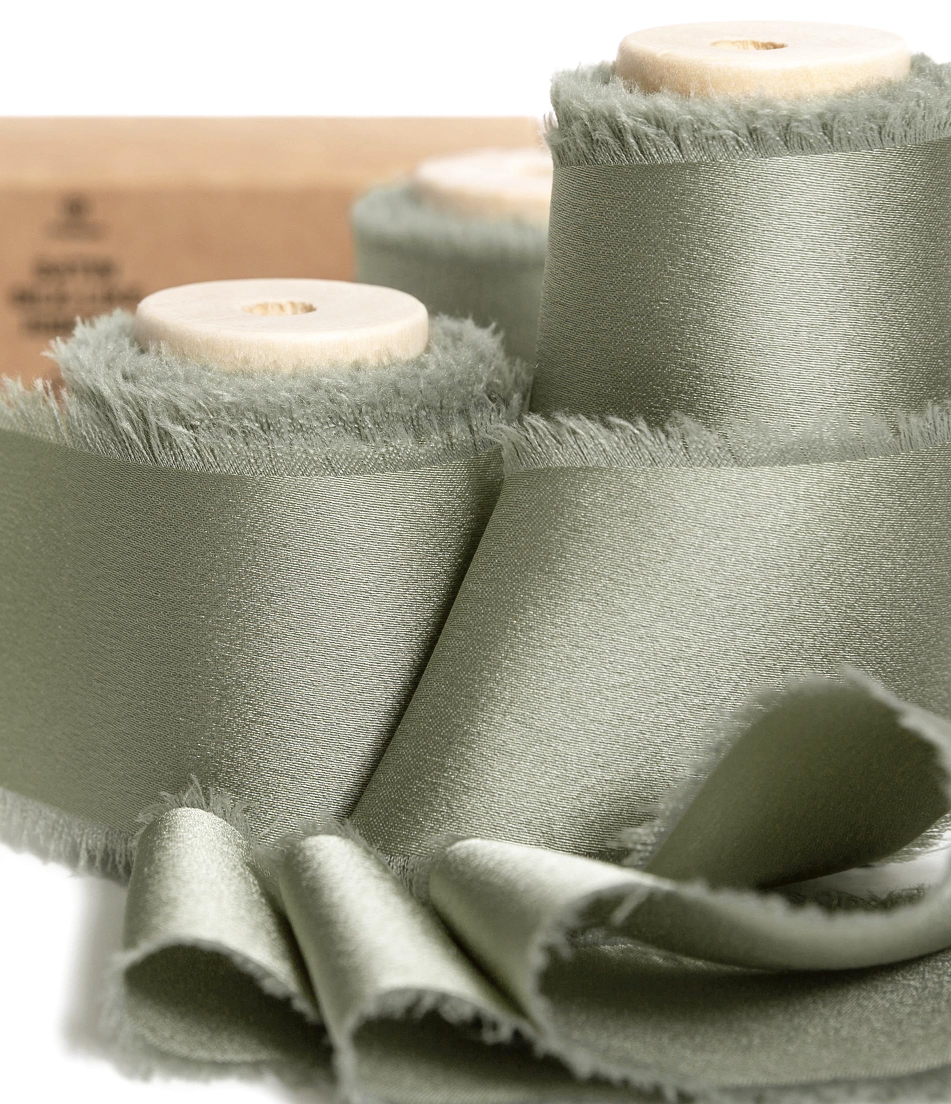 Vitalizart Dusty Sage Green Silk Satin Ribbon 1.5 Inch x 15 Yard Handmade Frayed Chiffon Wooden Spool Dusty Green Ribbon for Gift Wrapping Wedding