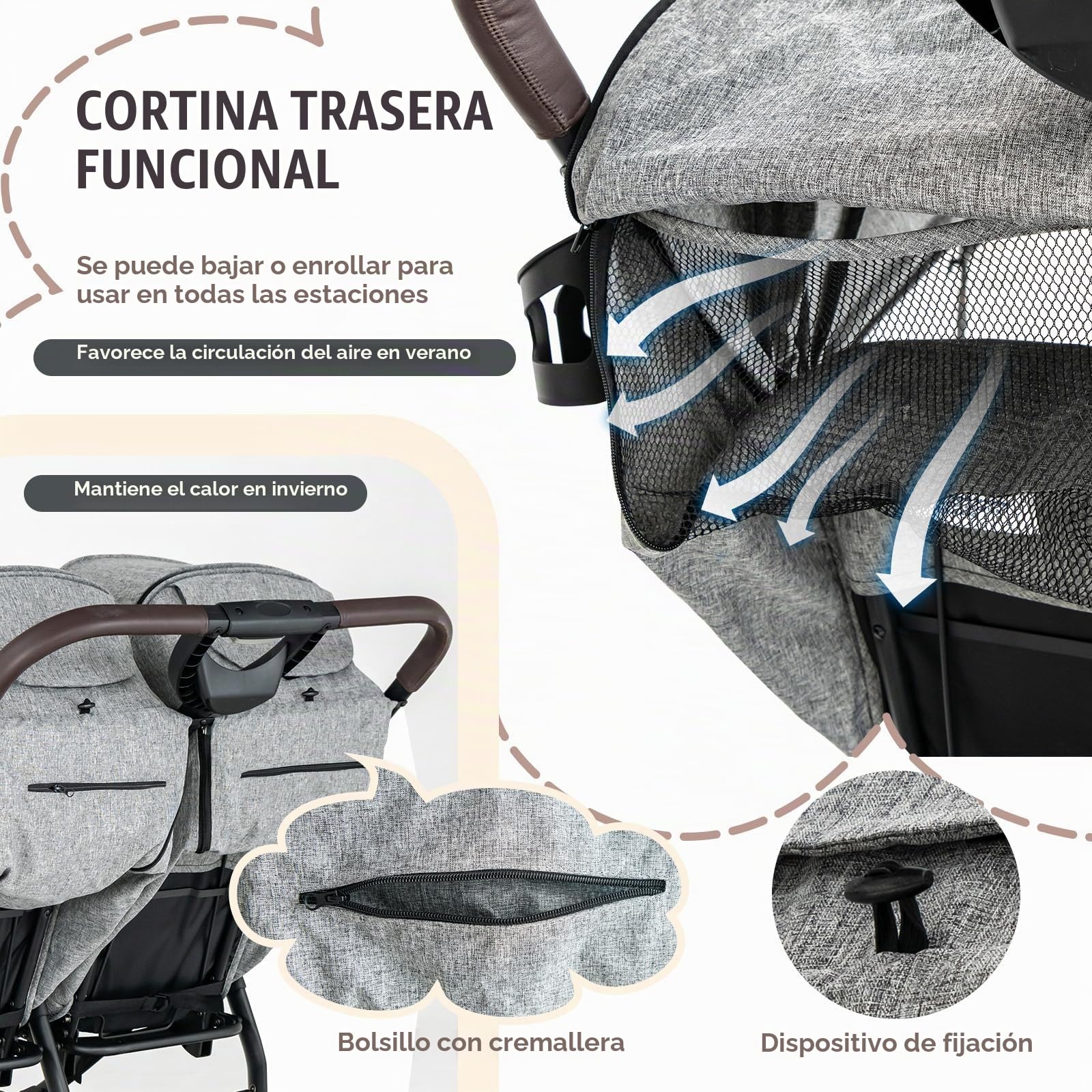 LIFEZEAL Silla de Paseo Gemelar, Carrito para Gemelos Plegable, Cochecito Doble con Respaldo reclinable en 3 posiciones, Arnés de 5 puntos, para Bebé de 0-3 años (Gris Claro)