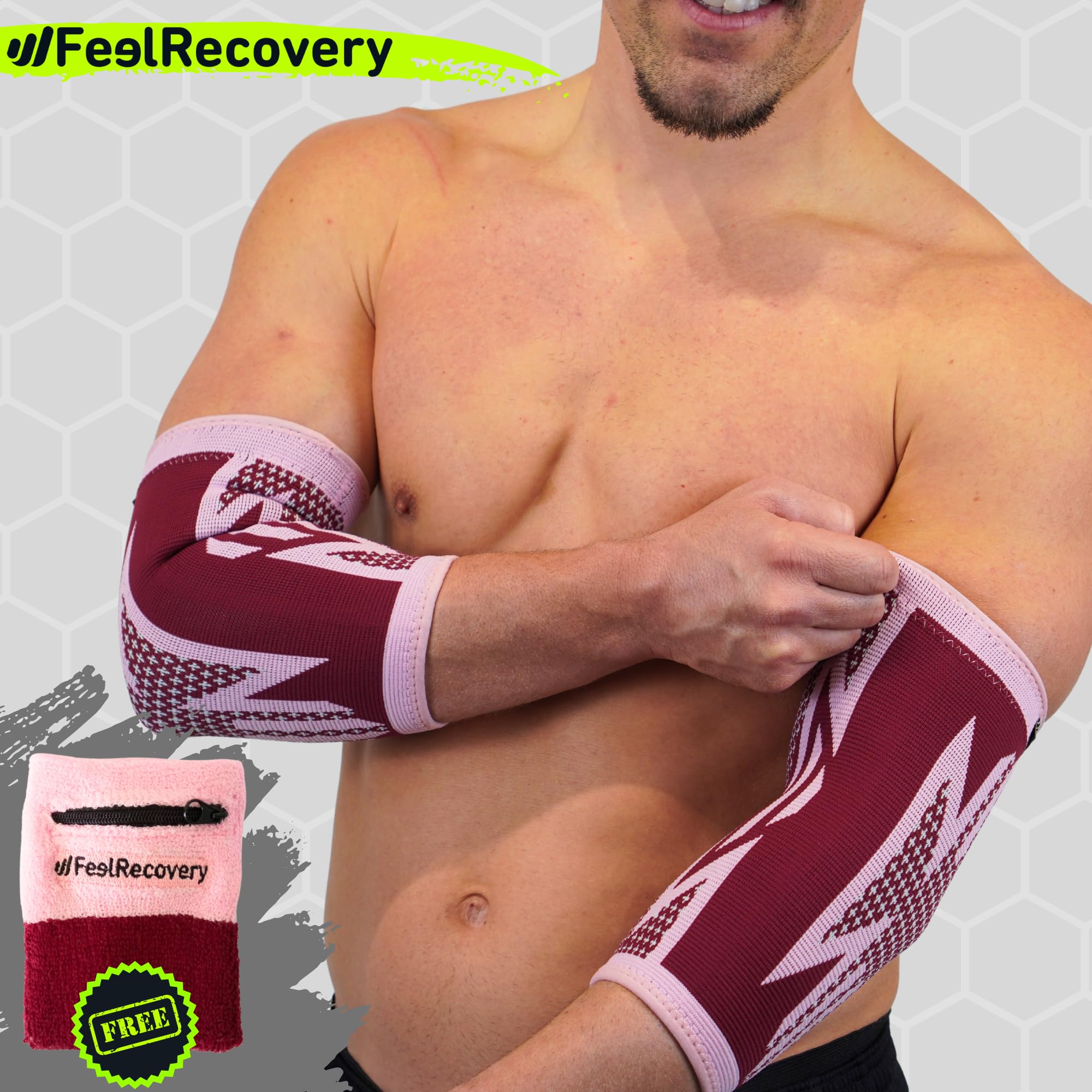Feel Recovery 2 Tutore Gomito per Uomo e Donne - Gomitiere Elastica per Epicondilite e Tendinite - Fascia per Gomito del Tennista, Golf, Palestra, Basket - Traspiranti e Antiscivolo (M, Bordeaux)