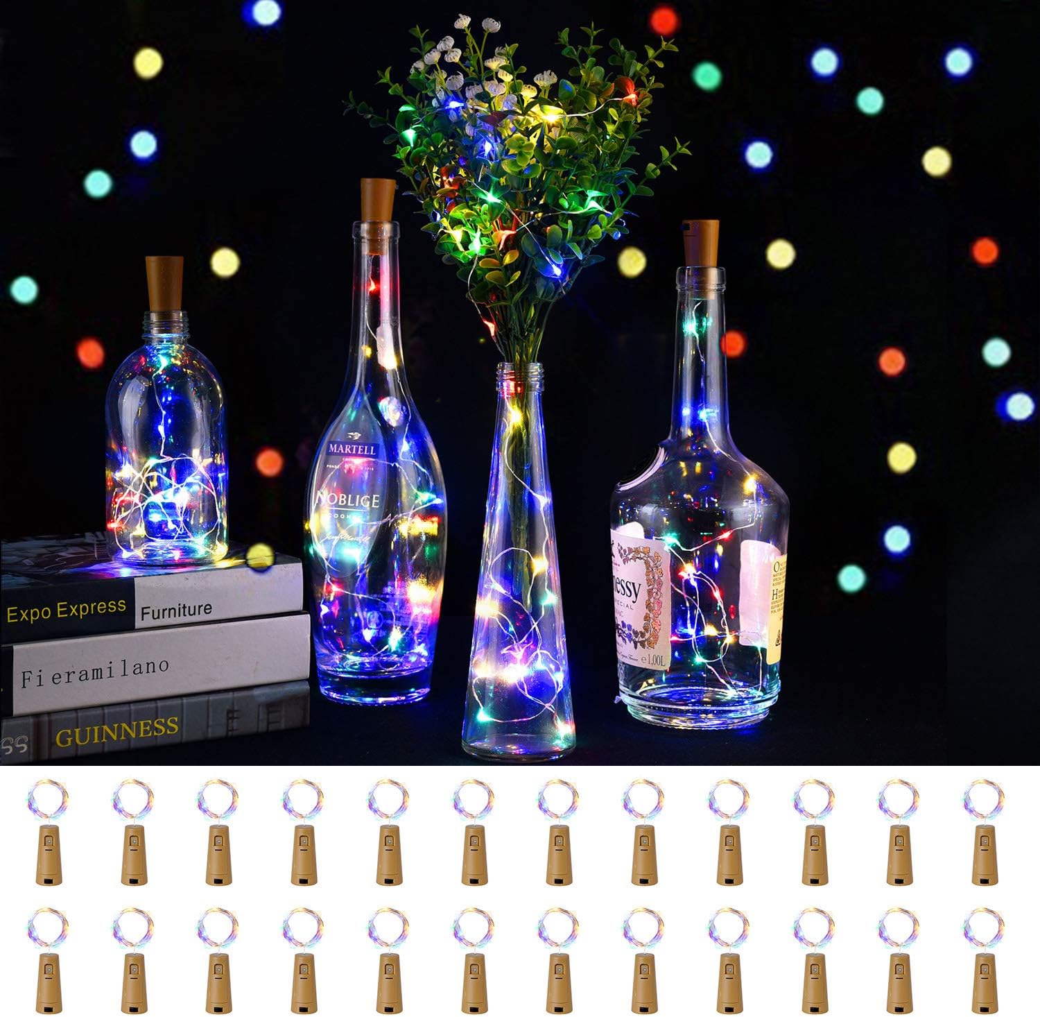 LEDIKON 24 Pack 20 Led Colored Wine Bottle Lights with Cork,3.3Ft Silver Wire Colorful Cork Fairy Lights Battery Operated Mini String Lights for Wedding Party Wine Liquor Bottles Christmas,Multicolor