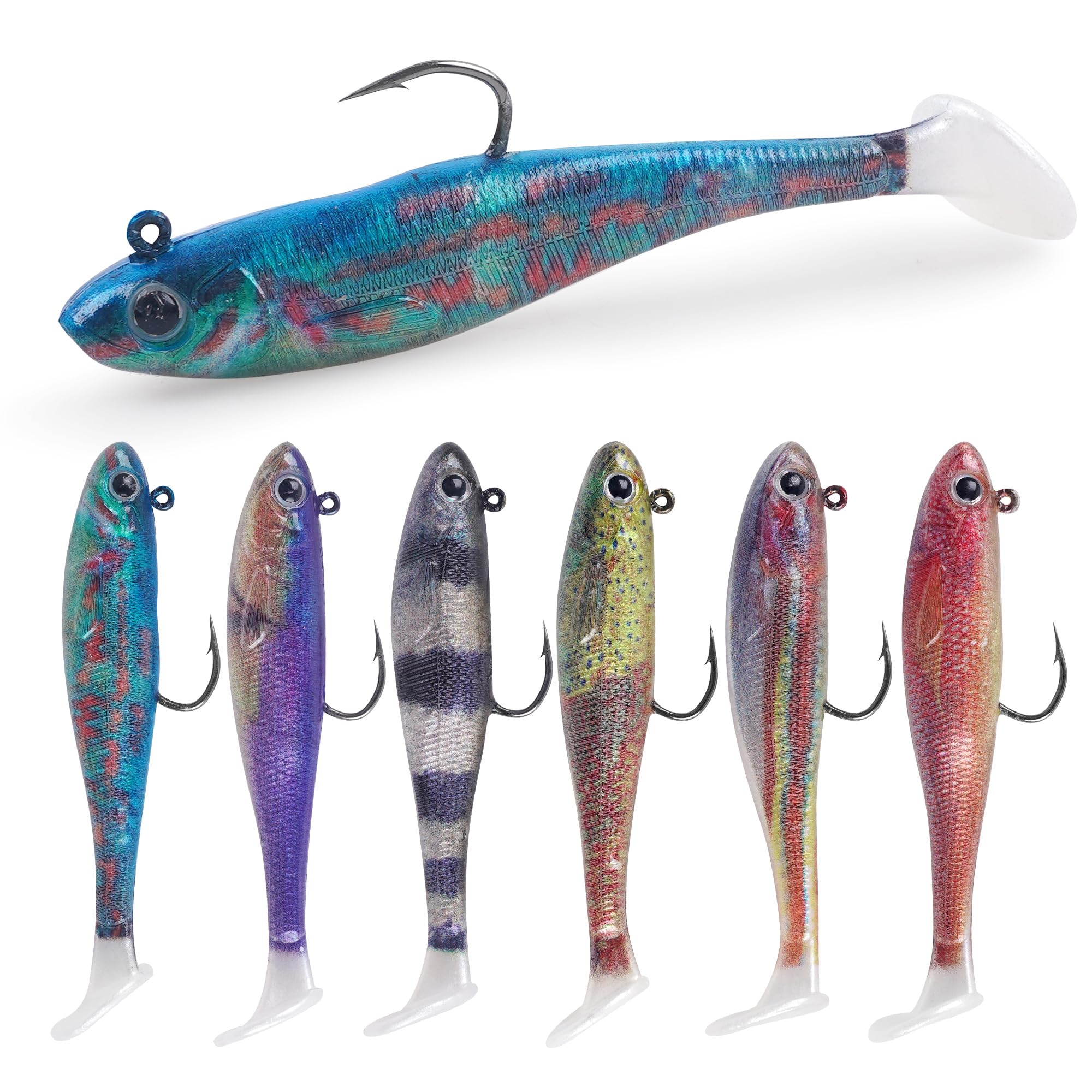 Pre-Rigged Soft Fishing Lures Swim Baits Soft Plastic Jig Heads Paddle Tail Shad Swimbaits for Bass Trout Walleye Crappie Sinking Jigs Lure Bait for Saltwater Freshwater Fishing (9cm_6pcs)