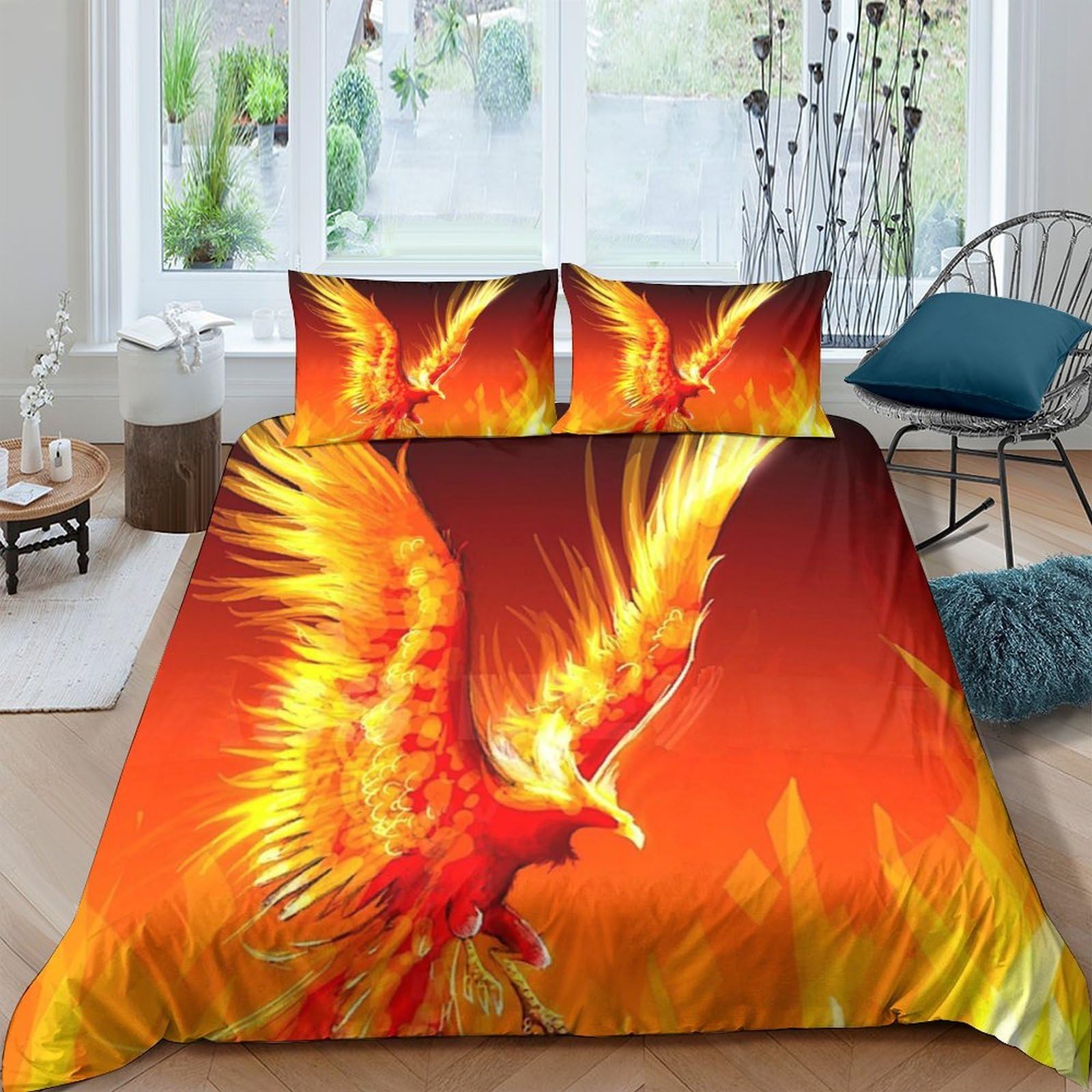 Ctjqhvkz Style-10 3D Printed Fire Phoenix Fitted Sheet Microfiber Orange Yellow Flame Bed Cover For Bedroom Guest Room Decor Mattress Protection Single（135X200cm）