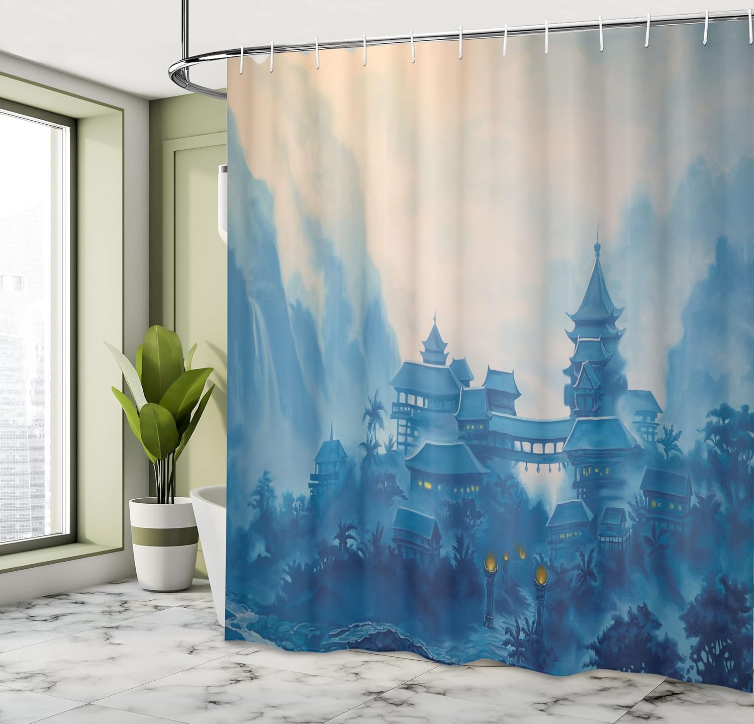 Ambesonne East Shower Curtain, Watercolor Painting Chinese Building Paint Mist at Night Oriental Image Illustration, Cloth Fabric Bathroom Decor Set with Hooks, 69" W x 70" L, Blue