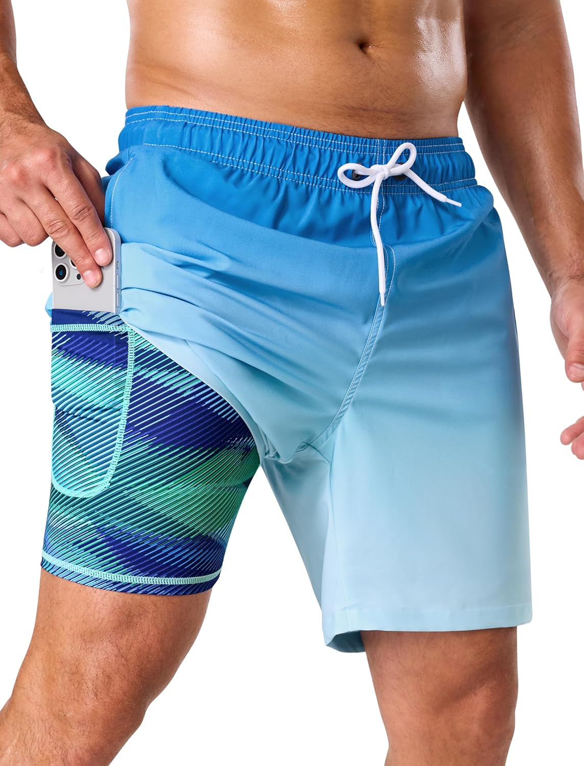 SILKWORLD Mens Swim Trunks with Compression Liner 2 in 1 Quick Dry Bathing Suit 7 Inch Swim Shorts with Zipper Pockets