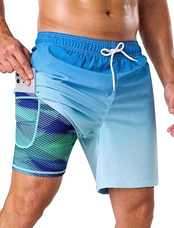 SILKWORLD Mens Swim Trunks with Compression Liner Quick Dry Bathing Suit