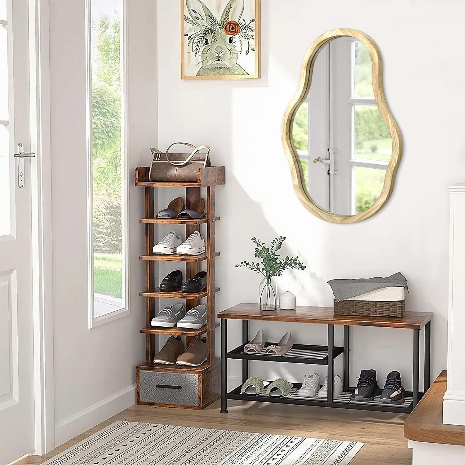 Asymmetrical Wooden Framed Wall Mirror Modern Unique Shape Hanging Mirror Artistic Irregular Mirror Decor Bathroom Vanity Bedroom Living Room Entryway Hallway Large Natural 26"x18"