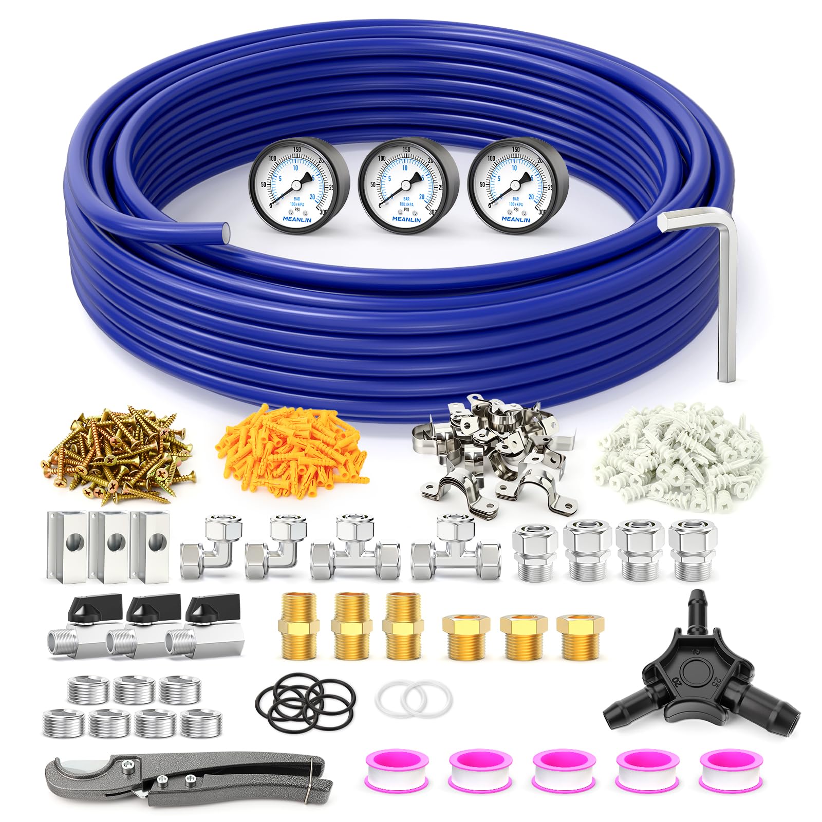 MEANLIN - Kit di linea ad aria compressa per sistema ad aria compressa da 30 m x 2,5 cm | Corredo blu della tubatura del compressore d'aria di 33M per la prova della perdita del negozio/garage & facile installare