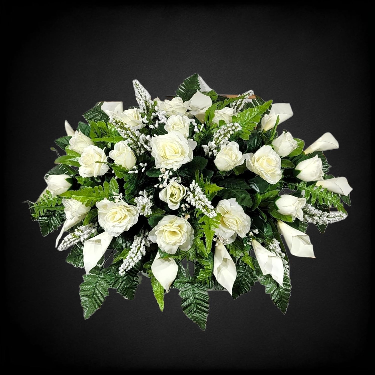 Cemetery Saddle for Headstone - Realistic Silk Faux Floral Artificial Grave Flowers - Headstone Flower Saddle with Cream Roses and Calla Lilies