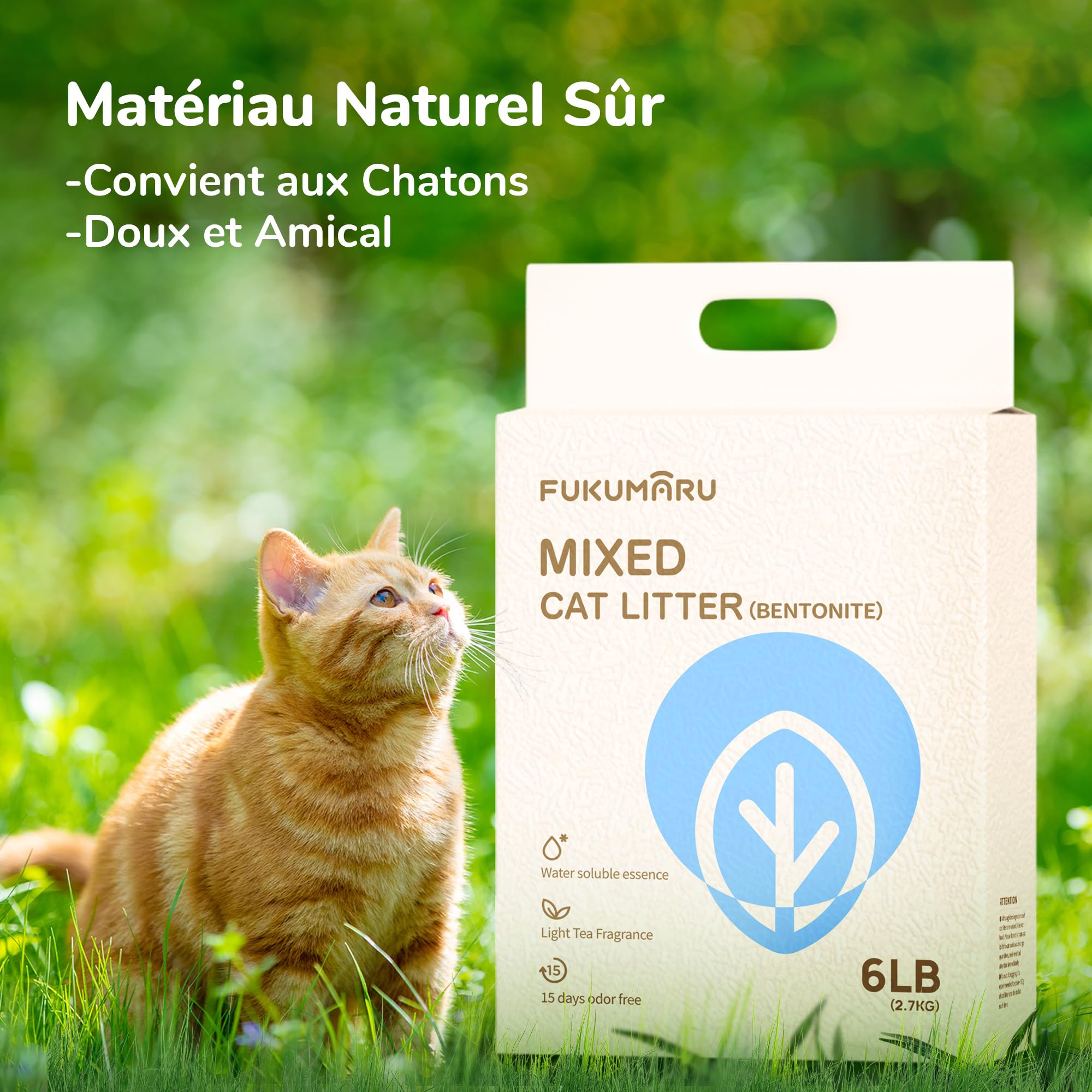 FUKUMARU Litière pour Chat en Tofu Mélangé, 10,8 kg Litière pour Chat Agglomérante, Contrôle des Odeurs, sans Poussière et Ultra-Absorbante, Lavable à l'eau, Parfum de Thé Blanc