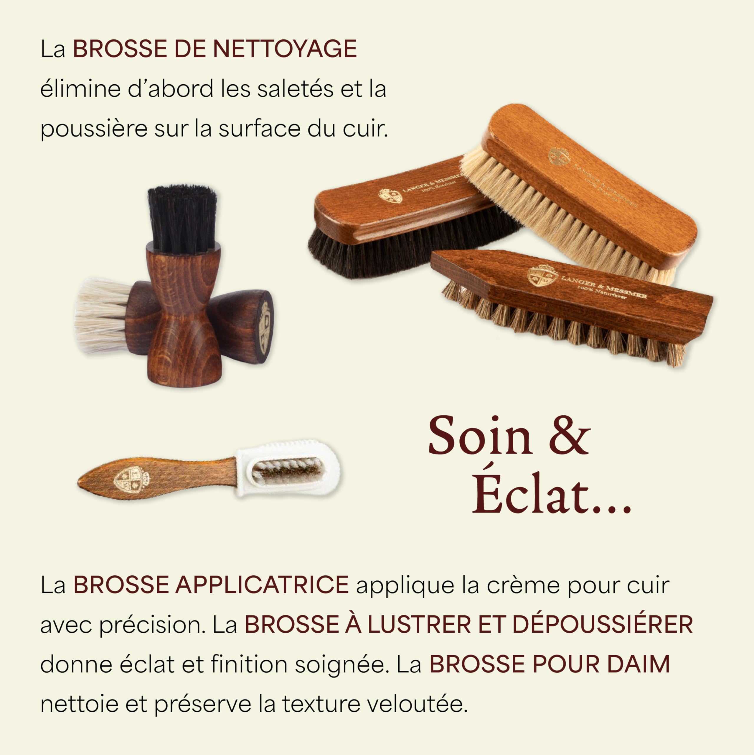 Langer & Messmer kit cirage de chaussures y compris des crèmes d'entretien pour le cuir et des brosses à chaussures de haute qualité en crin de cheval et en poil de chèvre